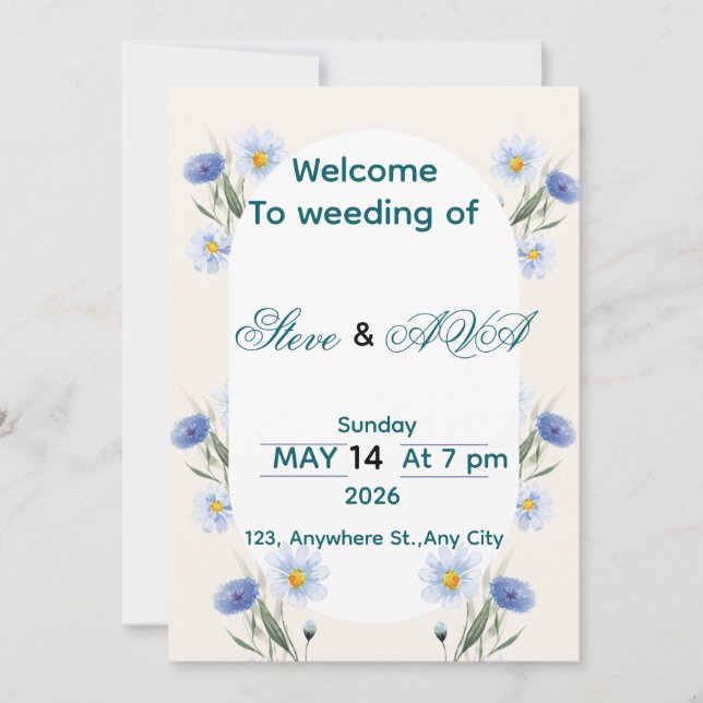 Simple Blue Floral Wedding Invitation Einladung (Vorderseite)