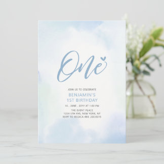 Simple Blue Heart One 1st Boy Birthday Party Einladung