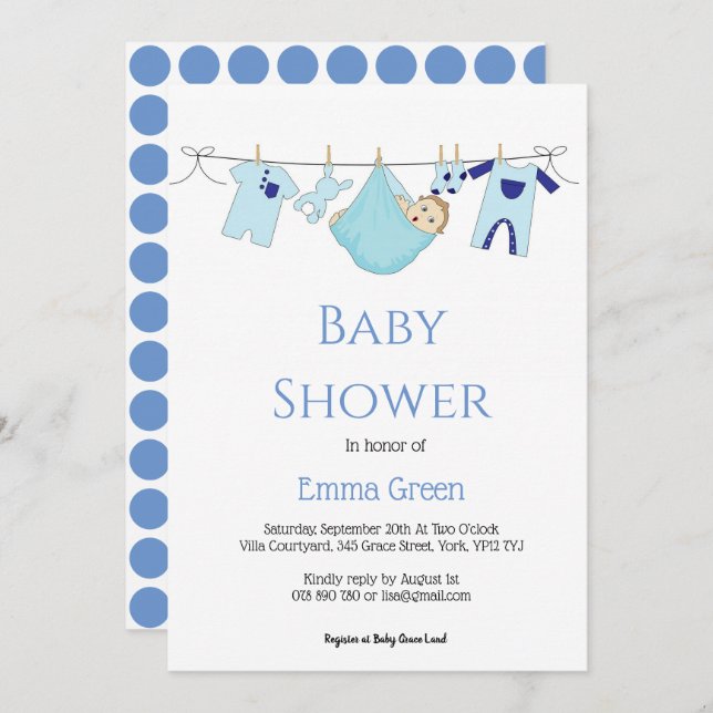 Simple Blue Illustration Boy Baby Shower Einladung (Vorne/Hinten)