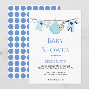 Simple Blue Illustration Boy Baby Shower Einladung