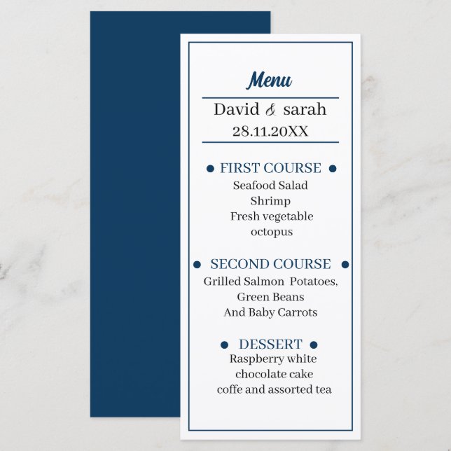 Simple Blue Personalisiert Wedding Menükarte (Vorne/Hinten)