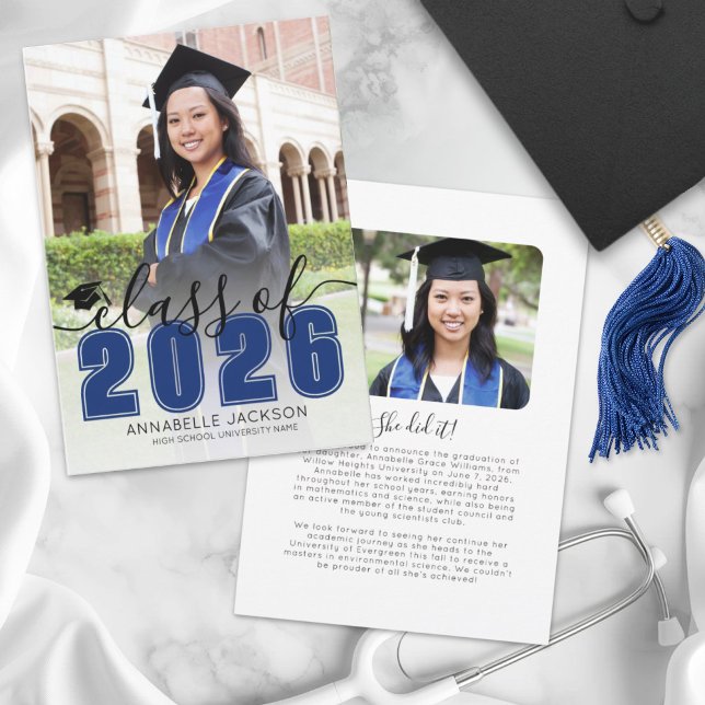 Simple Blue Script Graduate Foto Abschluss Ankündigung (Simple Blue Script Graduate Photo Graduation Announcement)