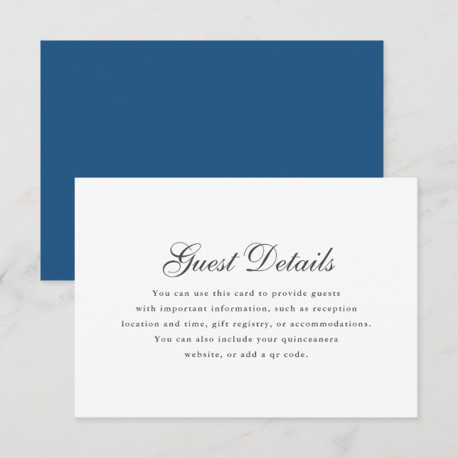 Simple Blue White Calligraphy Quinceanera Details RSVP Karte (Vorne/Hinten)