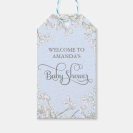 Simple Blue White Floral Script Boy Baby Dusche Geschenkanhänger