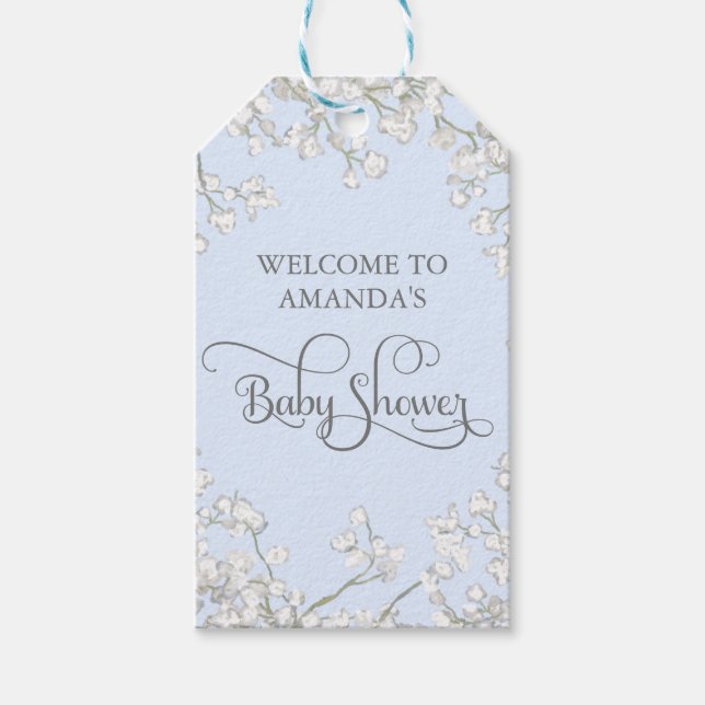 Simple Blue White Floral Script Boy Baby Dusche Geschenkanhänger (Vorderseite)