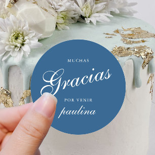 Simple Blue White Quinceañera Gracias Script Name Runder Aufkleber