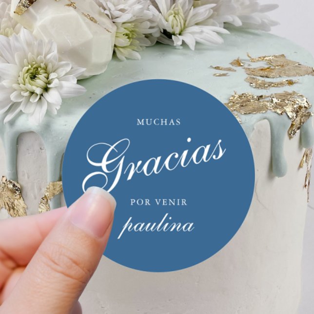 Simple Blue White Quinceañera Gracias Script Name Runder Aufkleber (Von Creator hochgeladen)