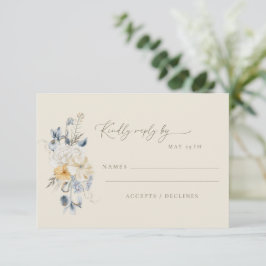 Simple Blue Yellow Floral Minimalist Wedding  RSVP Karte