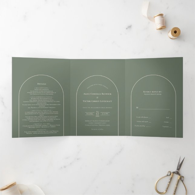 Simple Boho Arch Sage Green Wedding Dreifach Gefaltete Einladung (Innenseite)