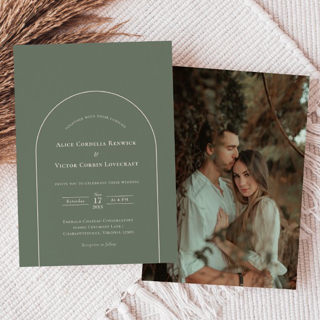 Simple Boho Arch Sage Green Wedding Foto Einladung (Von Creator hochgeladen)