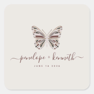 Simple Boho Butterfly Burgundy Taupe Wedding Quadratischer Aufkleber