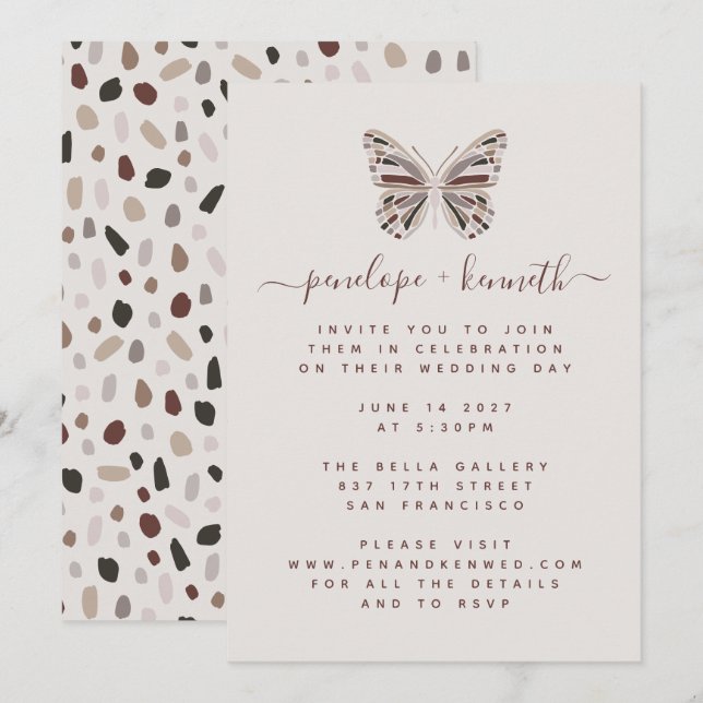 Simple Boho Butterfly Burgundy und Taupe Wedding Einladung (Vorne/Hinten)