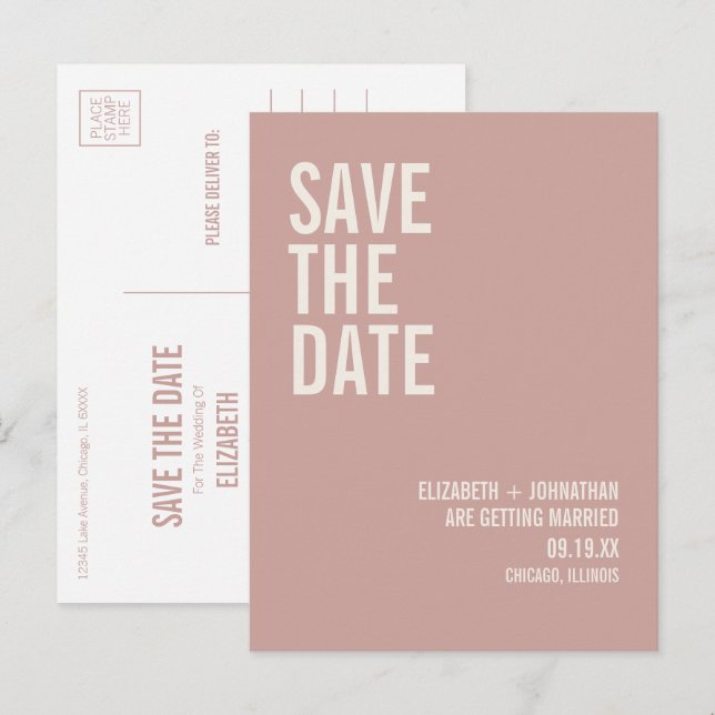 Simple Boho Dusty Rose Typografie Save the Date Ankündigungspostkarte (Vorne/Hinten)