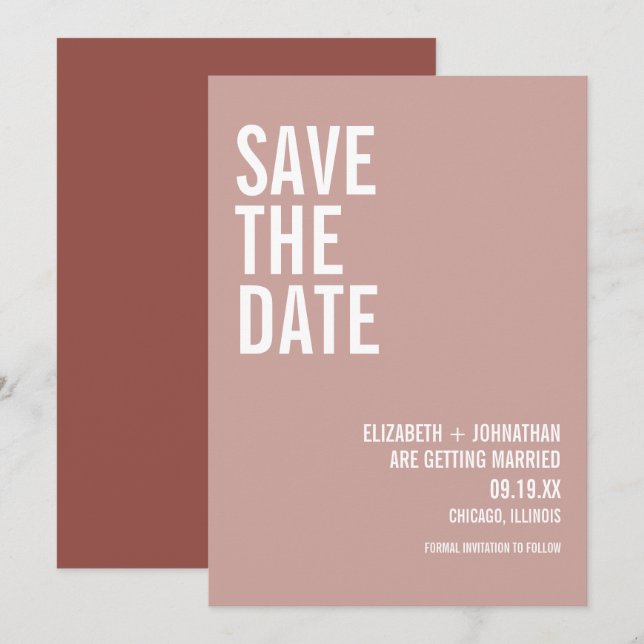 Simple Boho Dusty Rose Typografie Save the Date Einladung (Vorne/Hinten)