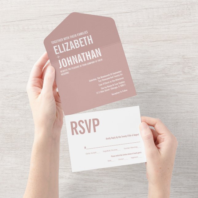Simple Boho Dusty Rose Typografy Wedding All In One Einladung (Abreißen)