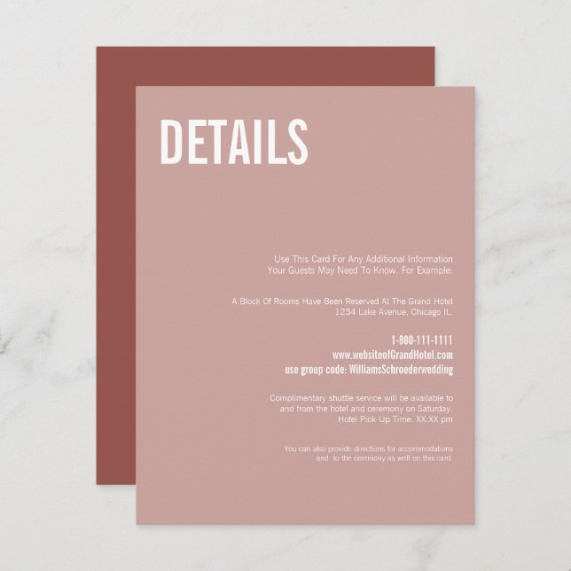 Simple Boho Dusty Rose Typografy Wedding Details Begleitkarte (Vorne/Hinten)
