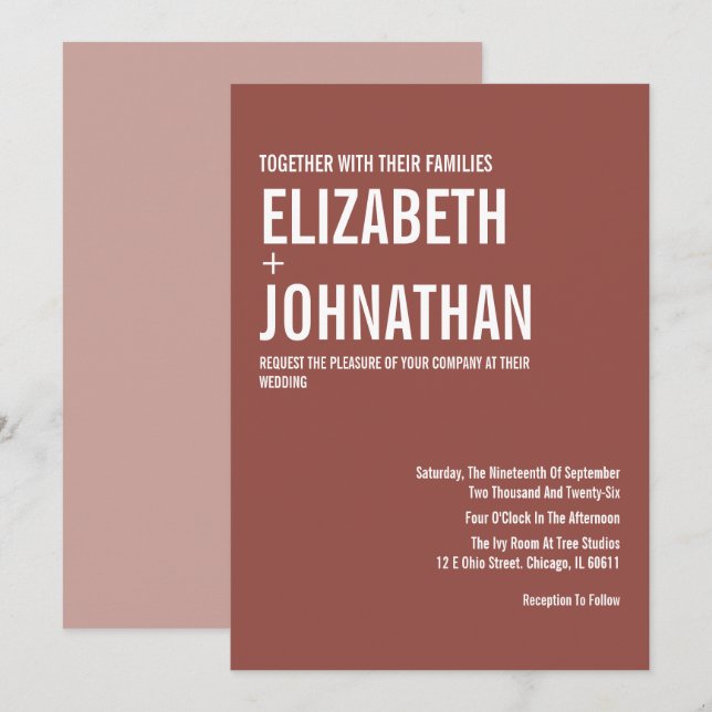 Simple Boho Dusty Rose Typografy Wedding Einladung (Vorne/Hinten)