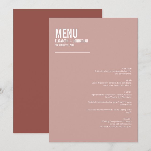 Simple Boho Dusty Rose Typografy Wedding Menu Menükarte (Vorne/Hinten)