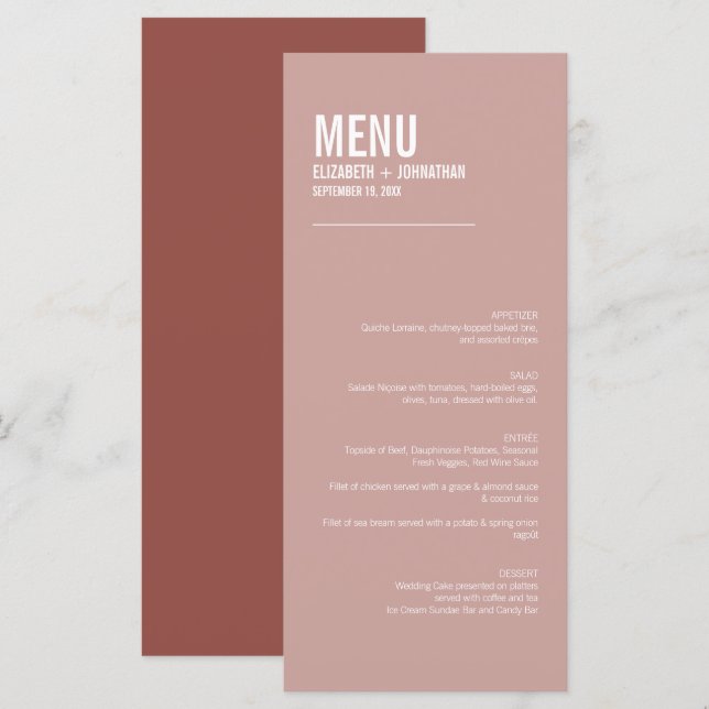 Simple Boho Dusty Rose Typografy Wedding Menu Menükarte (Vorne/Hinten)