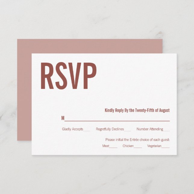 Simple Boho Dusty Rose Typografy Wedding RSVP (Vorne/Hinten)