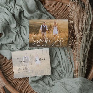 Simple Boho Elegantes Script-Foto Save the Date Ankündigungspostkarte