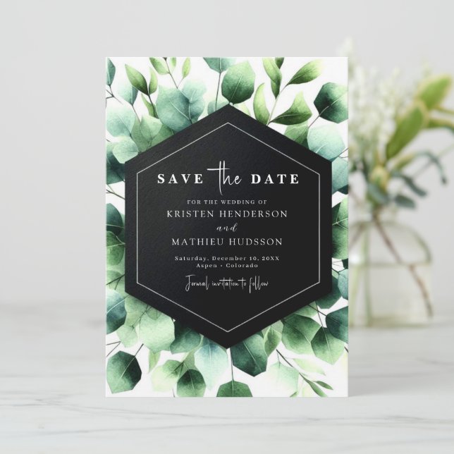 Simple Boho Eucalyptus Digital Wedding Save The Date (Stehend Vorderseite)