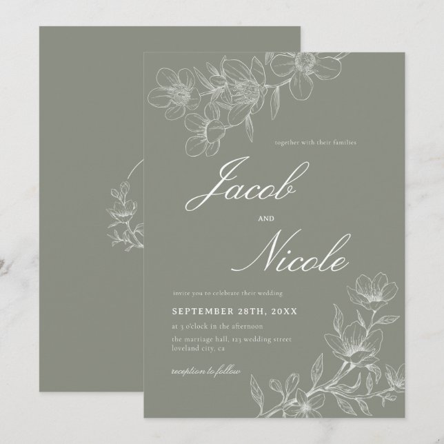 Simple Boho Floral Script Sage Green Wedding Einladung (Vorne/Hinten)