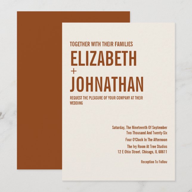 Simple Boho Terracotta Typografie Wedding Invitati Einladung (Vorne/Hinten)