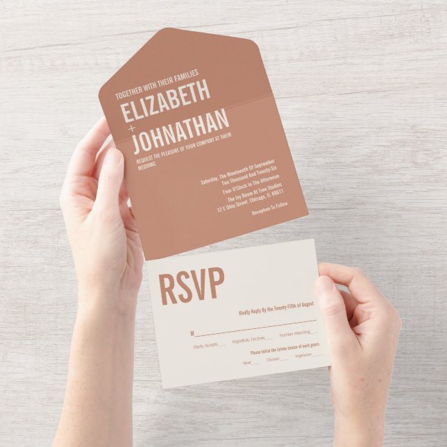 Simple Boho Terracotta Typografy Wedding All In One Einladung (Abreißen)