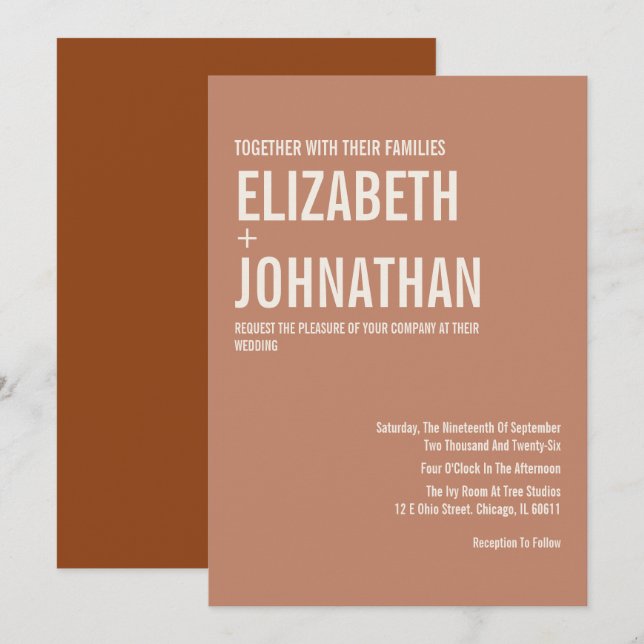 Simple Boho Terracotta Typografy Wedding Einladung (Vorne/Hinten)