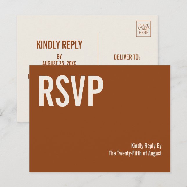 Simple Boho Terracotta Typografy Wedding RSVP Einladungspostkarte (Vorne/Hinten)