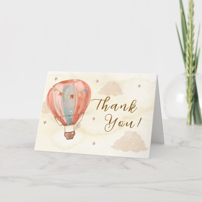 Simple Boho Vintag Hot Air Ballon Babydusche Dankeskarte (Vorderseite)