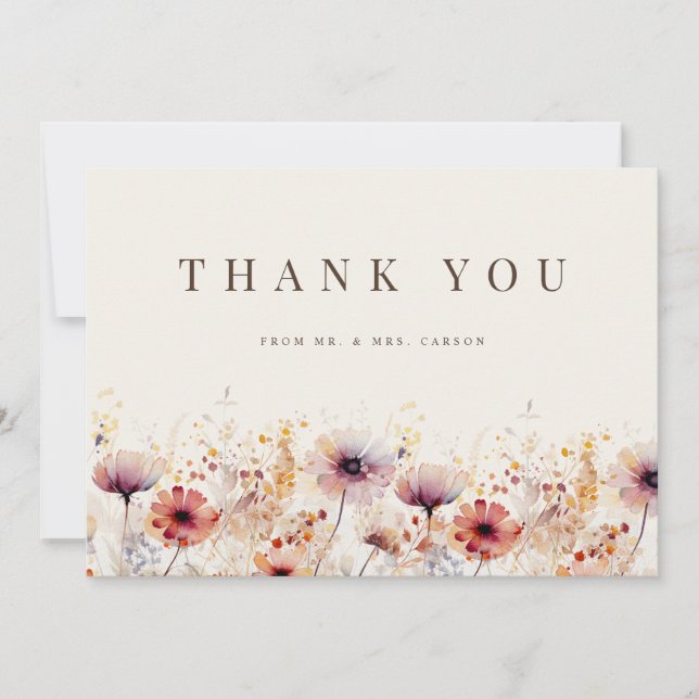Simple Boho Wildblume Beige Vielen Dank Karte (Vorderseite)
