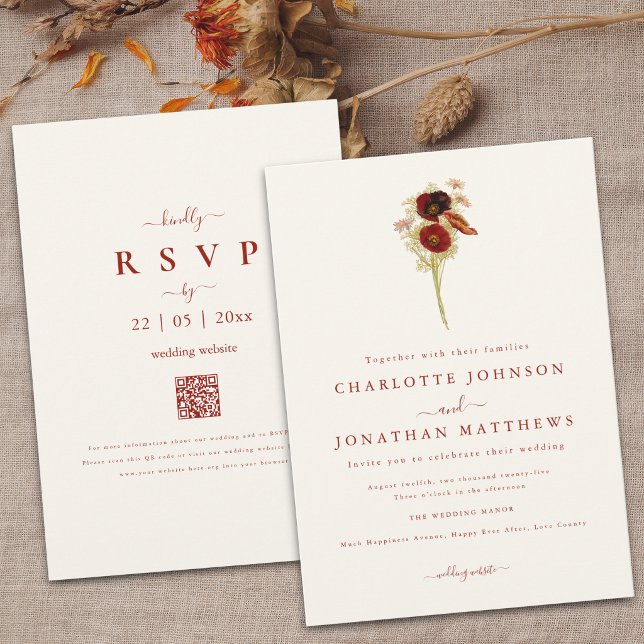 Simple Boho Wildblume Hochzeit im Herbst Einladung (Simple Wildflower brown orange floral Wedding qr code invitation )