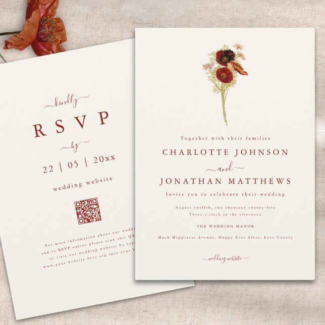 Simple Boho Wildblume Hochzeit im Herbst Einladung (Simple wildflower burnt orange script wedding invitation with wedding website qr code)