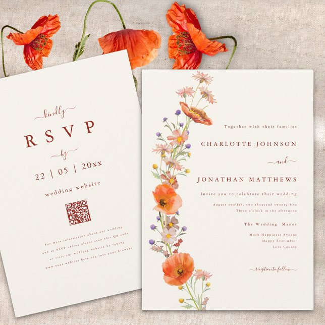 Simple Boho Wildblume Hochzeit im Herbst Einladung (Elegant boho wildflower fall wedding invitation with qr code and burnt orange script )