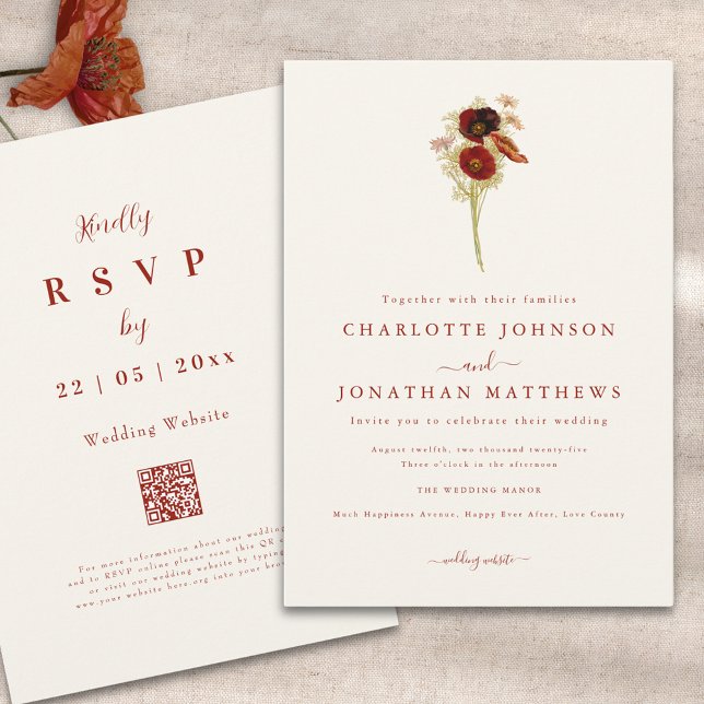 Simple Boho Wildblume Hochzeit im Herbst Einladung (Minimalist boho wildflower fall wedding qr code invitation )