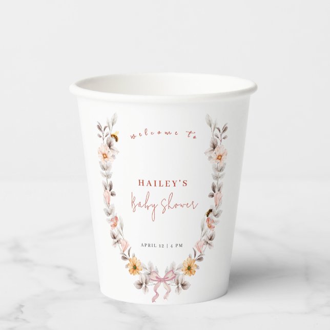 Simple Boho Wildblume Wreath Welcome Baby Dusche Pappbecher (Vorderseite)