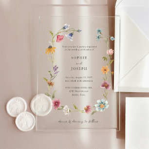 Simple Boho Wildblumen Wreath Hochzeit Acryleinladungen