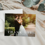 simple bold text wedding thank you card postkarte<br><div class="desc">an elegant yet simple white text design with a bold text look and a lovely image of the bride and groom,  the text and colors can be personalized.</div>