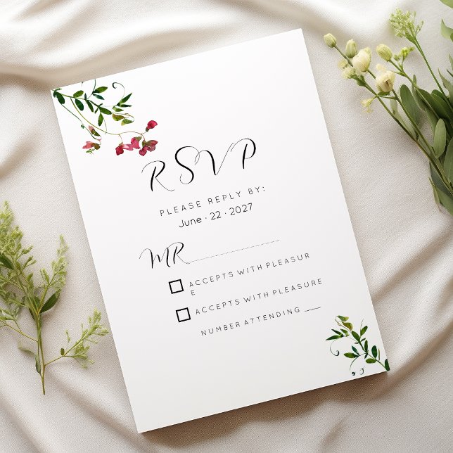 Simple botanic pink red green flowers RSVP Einladung (Simple botanic pink red green flowers RSVP)