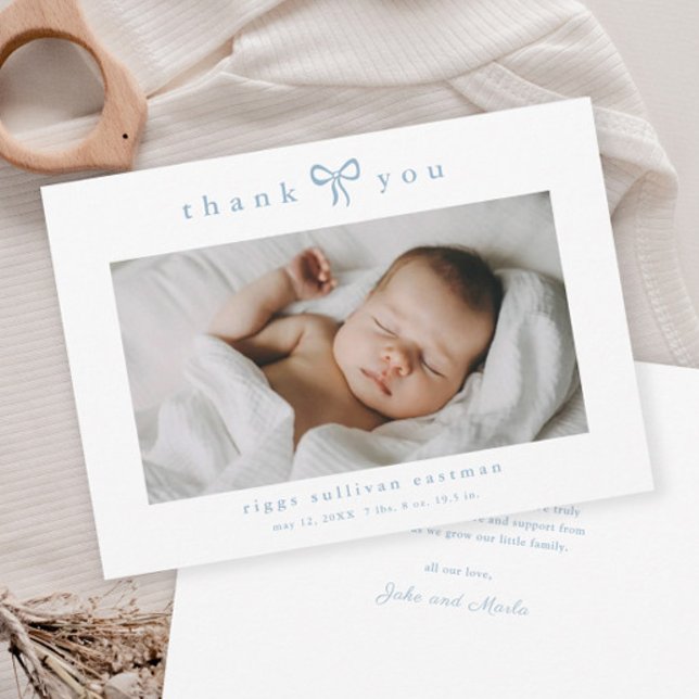 Simple Bow Boy Photo Baby Dankeskarte (Simple blue bow boys photo baby thank you cards.)