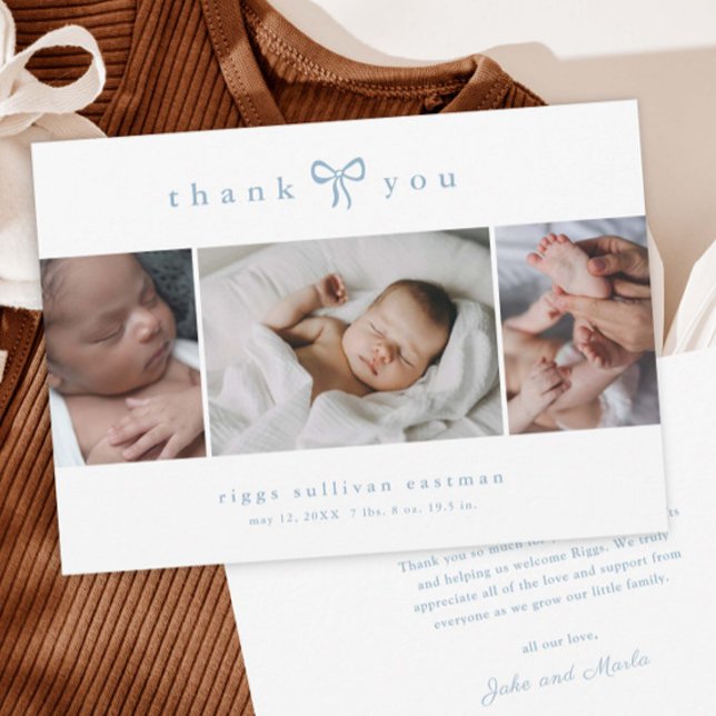 Simple Bow Boy Photo Collage Baby Ankündigung (Simple bow 3 photo collage baby announcement cards.)