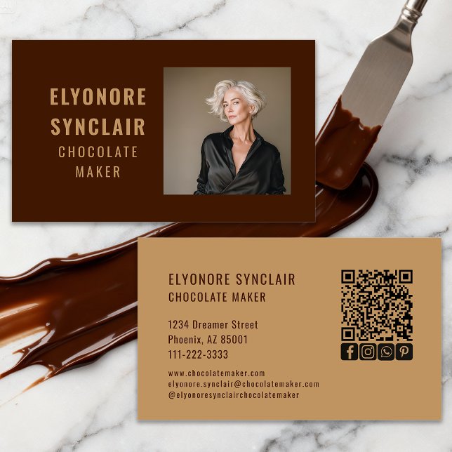 Simple Brown Chocolate Maker Photo Social QR Code  Visitenkarte (Von Creator hochgeladen)