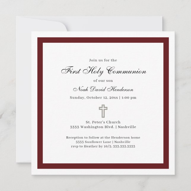 Simple Burgundy and White First Holy Communion  Einladung (Vorderseite)