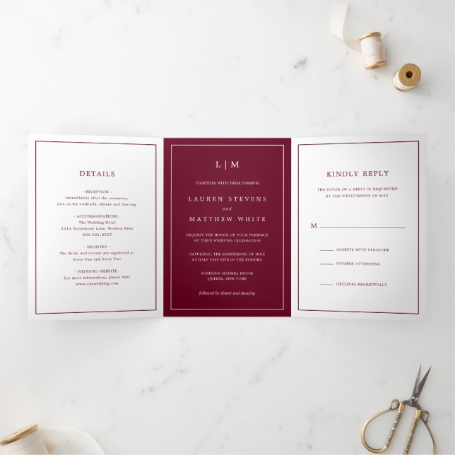 Simple Burgundy Monogram Elegant Wedding Dreifach Gefaltete Einladung (Innenseite)