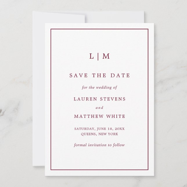 Simple Burgundy Monogram Elegant Wedding Save The Date (Vorderseite)