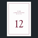 Simple Burgundy Monogram Elegant Wedding Tischnummer<br><div class="desc">Einfache Tischnummer mit elegantem und zeitlosem Design mit zwei Buchstaben Monogramm, Namen, Datum und Tischnummer umgeben von einem dünnen Rand. Alle Designelemente sind bordeauxfarben auf weißem Hintergrund und können in jede Farbe des Designbearbeitungstools umgewandelt werden. Ein gepflegtes und klassisches Design, ideal für ein Paar, das eine traditionelle Tischnummer mit einer...</div>
