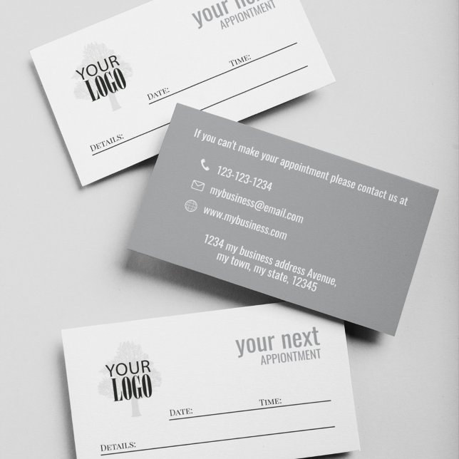 Simple Business Logo Appointment Card  Terminkarte (Grey and white business cards with company logo placement.)