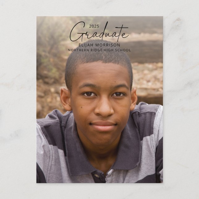 Simple Calligraphy Black Overlay Foto Abschluss Postkarte (Vorderseite)